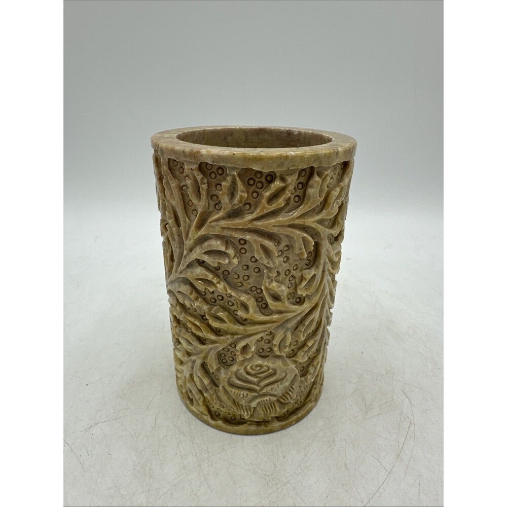 Vintage Pen Pencil Holder Soapstone Desk Accessories Carved Flowers Floral Vase